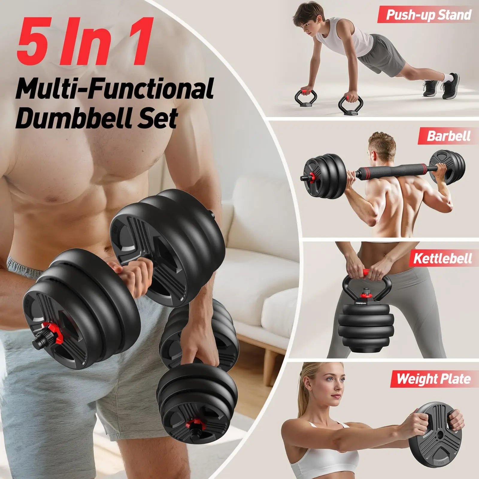 5-in-1 Adjustable Free Weights Set – Dumbbells, Barbell, Kettlebell & Push-Up Stand (20–90LB)