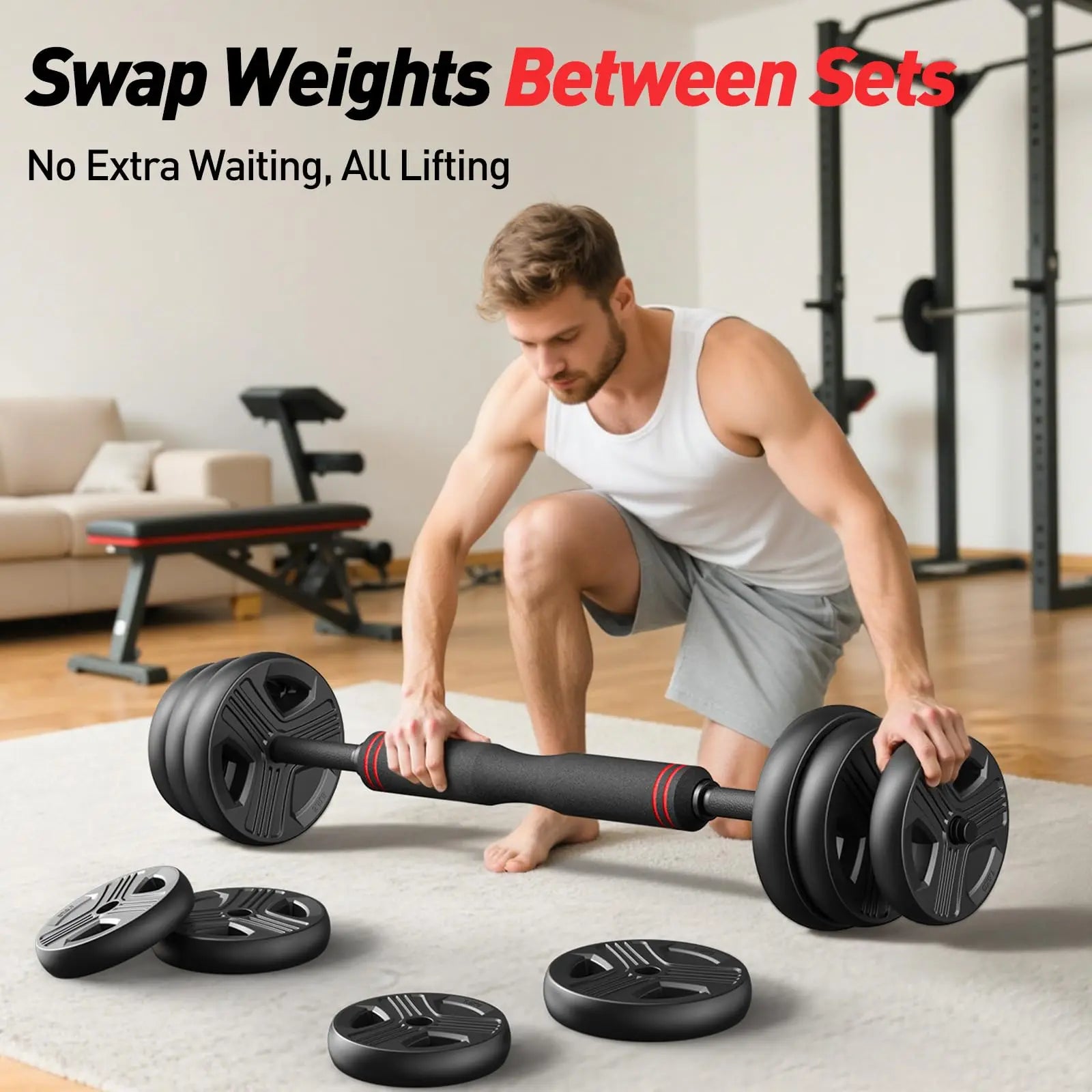 5-in-1 Adjustable Free Weights Set – Dumbbells, Barbell, Kettlebell & Push-Up Stand (20–90LB)