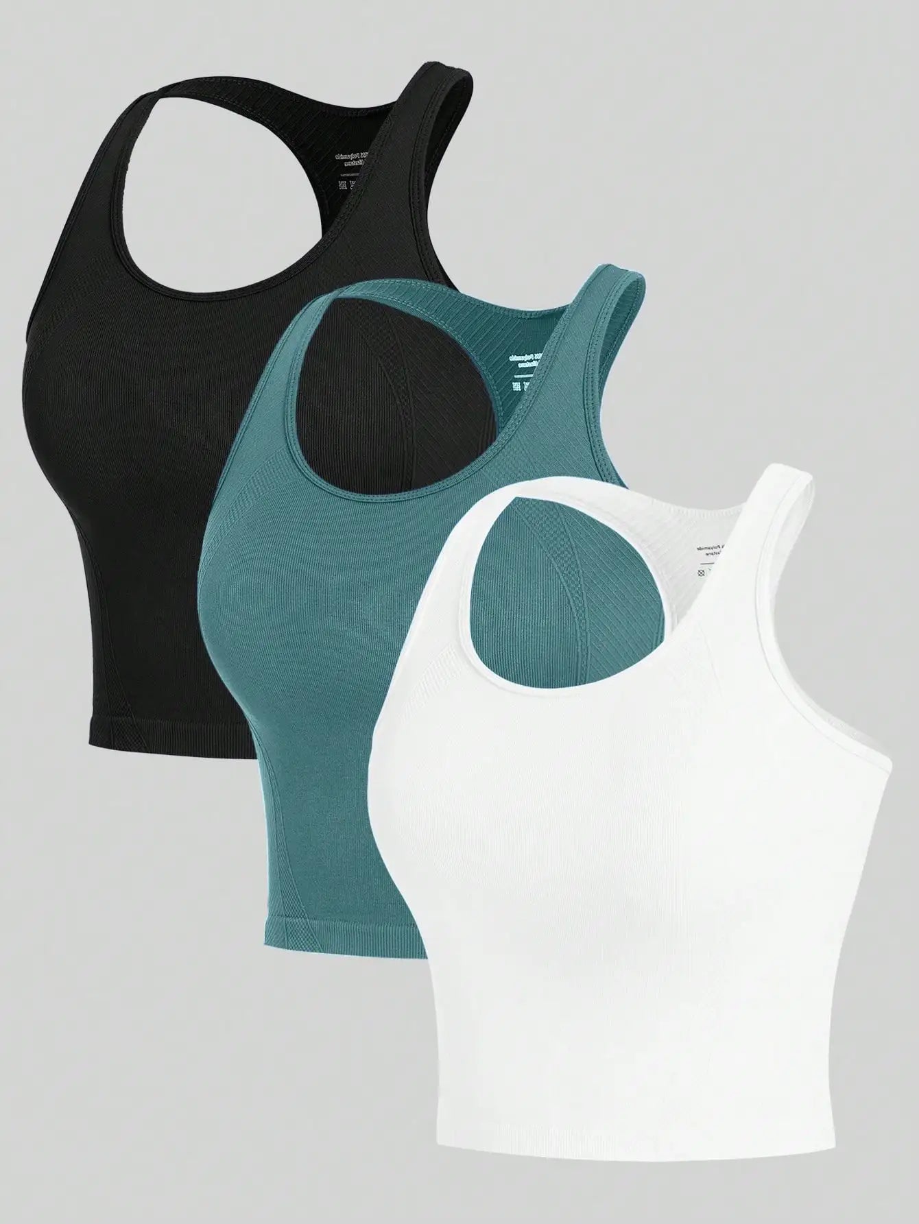 Women’s 3-Piece Yoga Racerback Crop Top Seamless Rib Knit Gym Tank Set