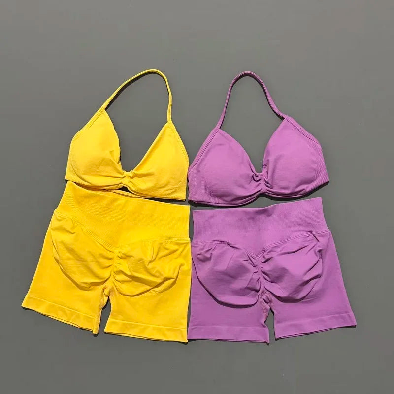 Women’s 2-Piece Yoga Set Strappy Sports Bra & High Waist Shorts Activewear