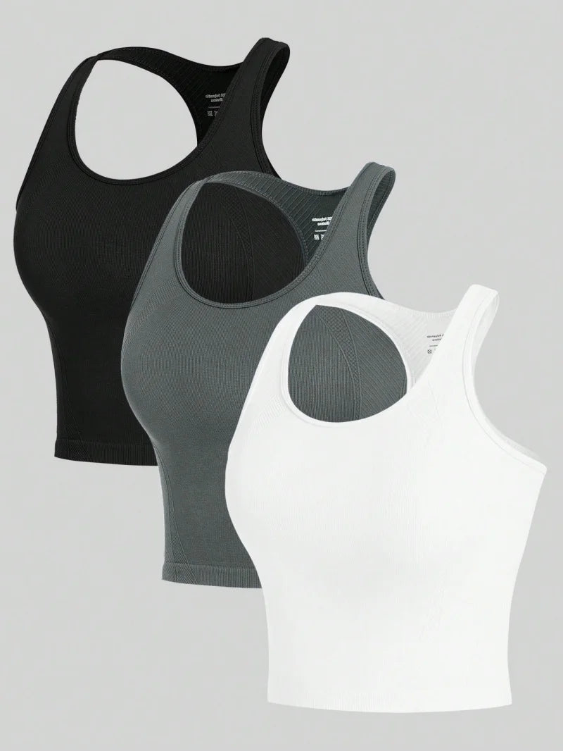 Women’s 3-Piece Yoga Racerback Crop Top Seamless Rib Knit Gym Tank Set