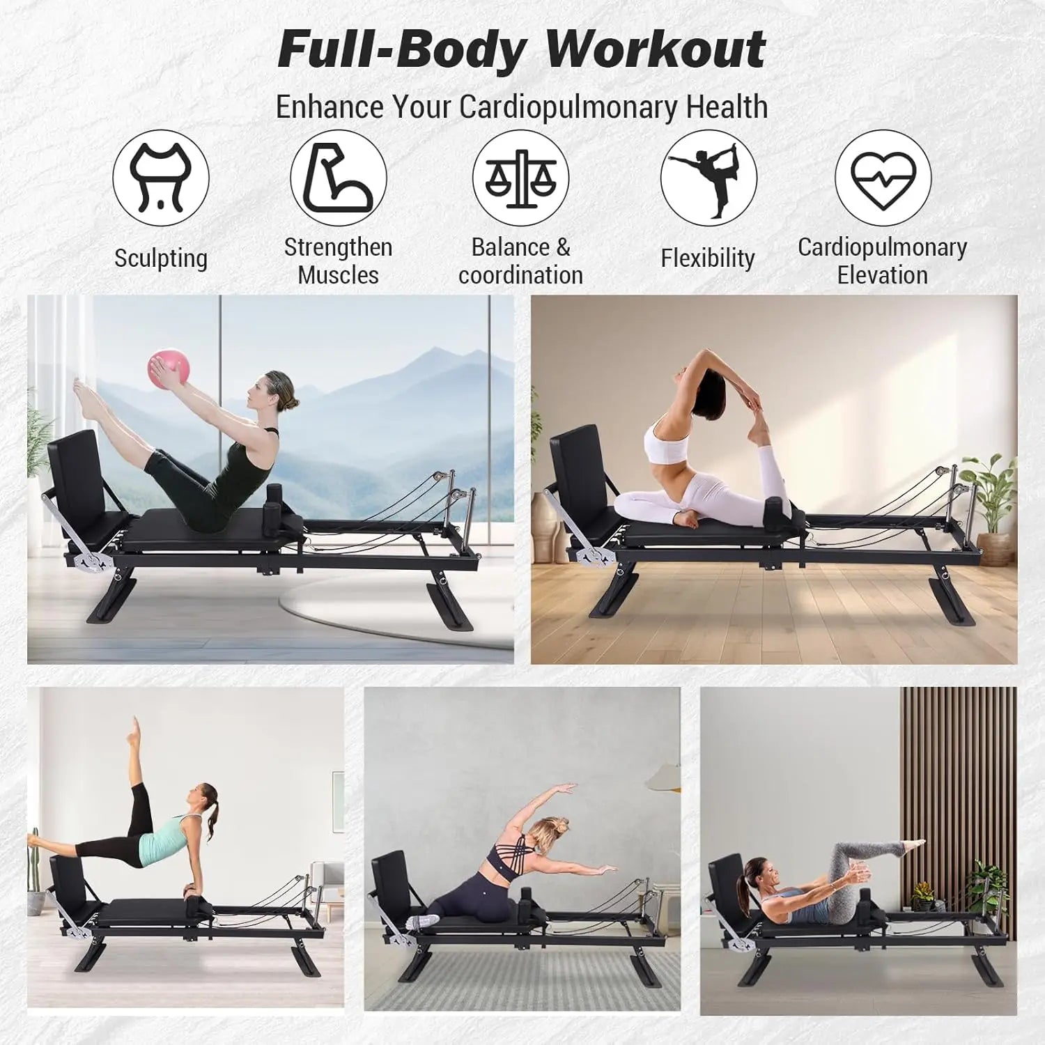 Foldable Pilates Reformer Machine Adjustable Heights Jump Board Home Equipment