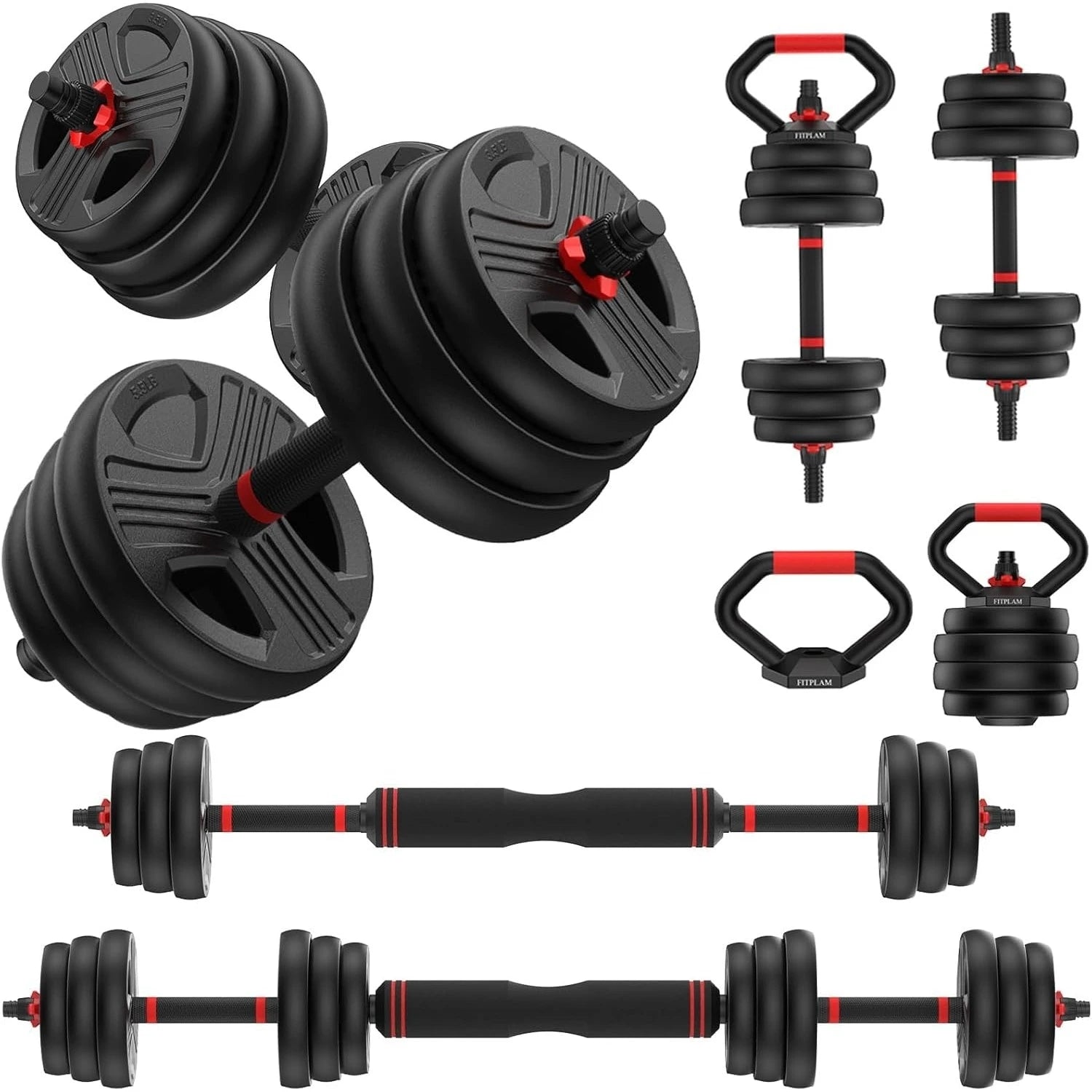 5-in-1 Adjustable Free Weights Set – Dumbbells, Barbell, Kettlebell & Push-Up Stand (20–90LB)