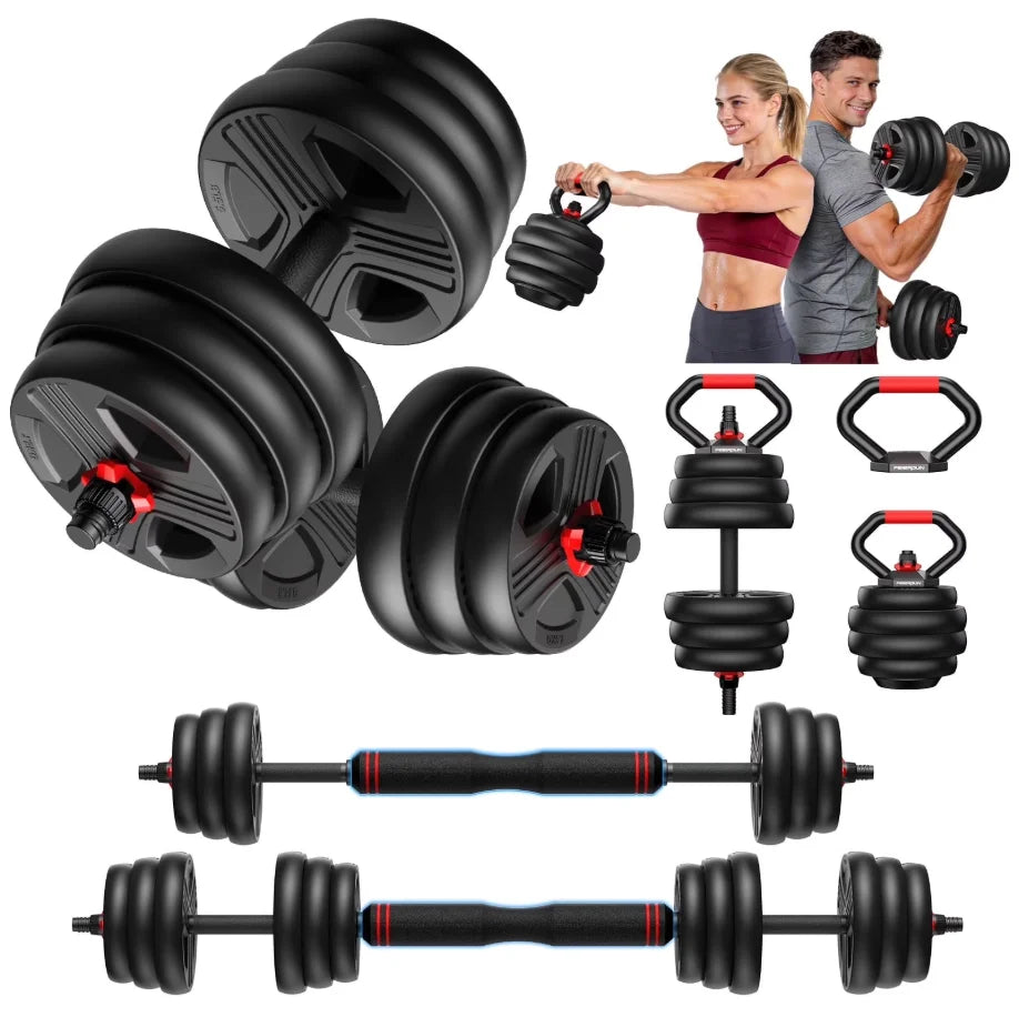 5-in-1 Adjustable Free Weights Set – Dumbbells, Barbell, Kettlebell & Push-Up Stand (20–90LB)