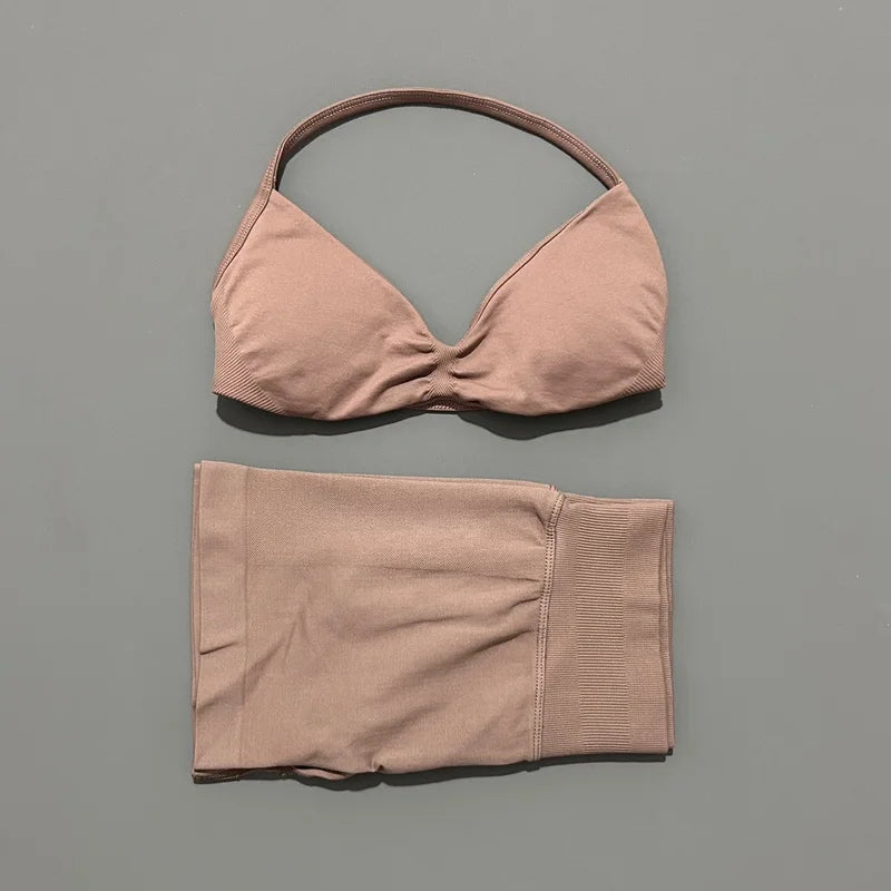 Women’s 2-Piece Yoga Set Strappy Sports Bra & High Waist Shorts Activewear