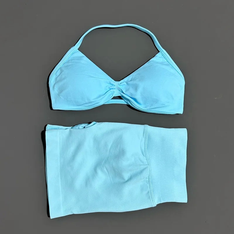 Women’s 2-Piece Yoga Set Strappy Sports Bra & High Waist Shorts Activewear