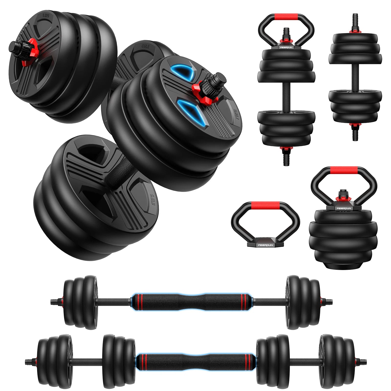 5-in-1 Adjustable Free Weights Set – Dumbbells, Barbell, Kettlebell & Push-Up Stand (20–90LB)