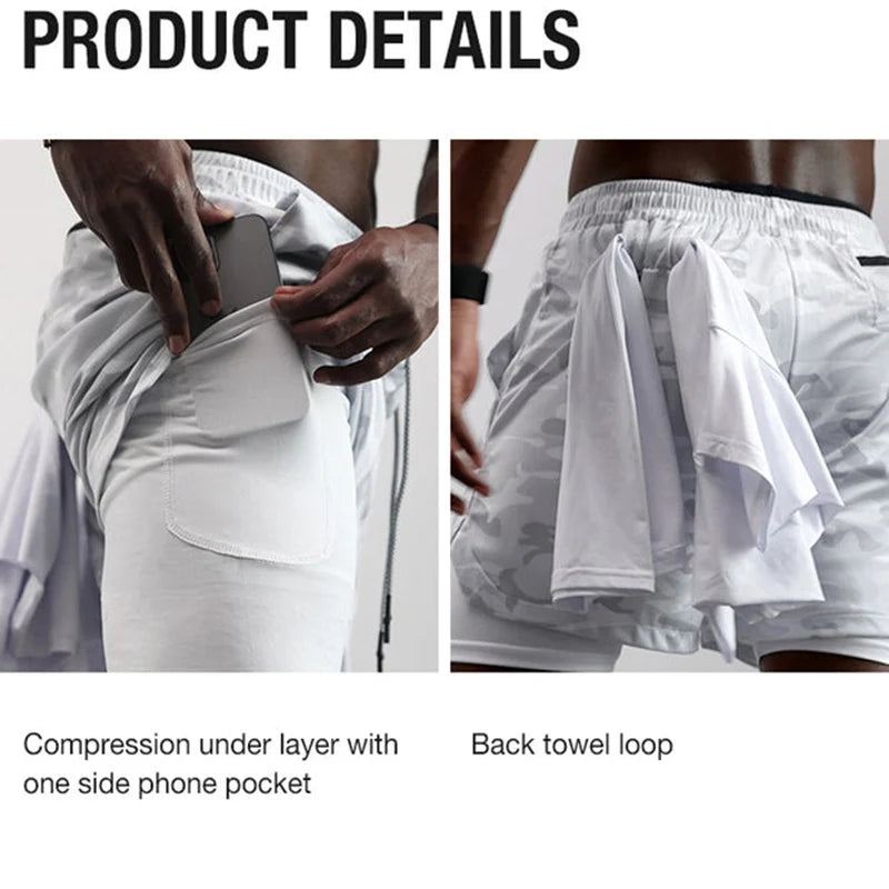 Men’s 2-in-1 Running Shorts Compression Gym Workout Phone Pocket Activewear
