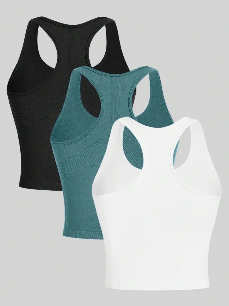 Women’s 3-Piece Yoga Racerback Crop Top Seamless Rib Knit Gym Tank Set