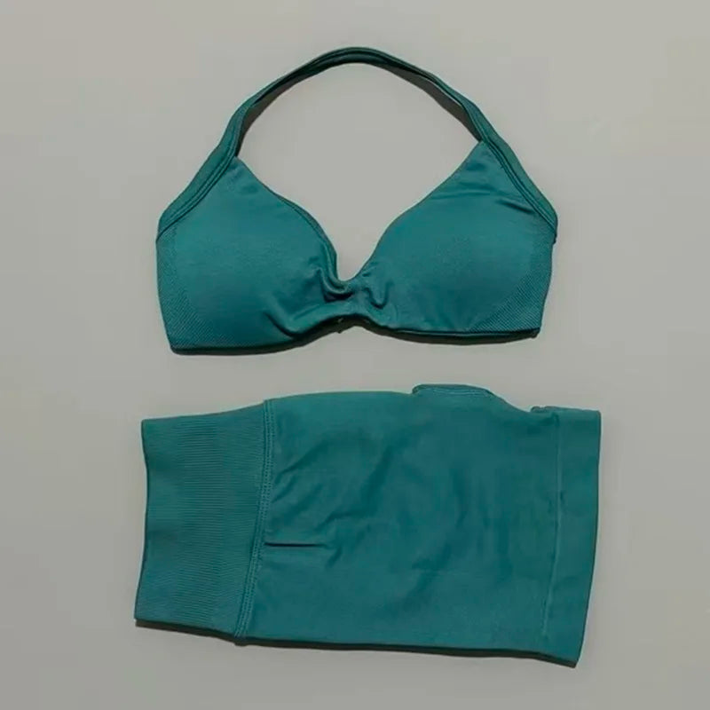 Women’s 2-Piece Yoga Set Strappy Sports Bra & High Waist Shorts Activewear
