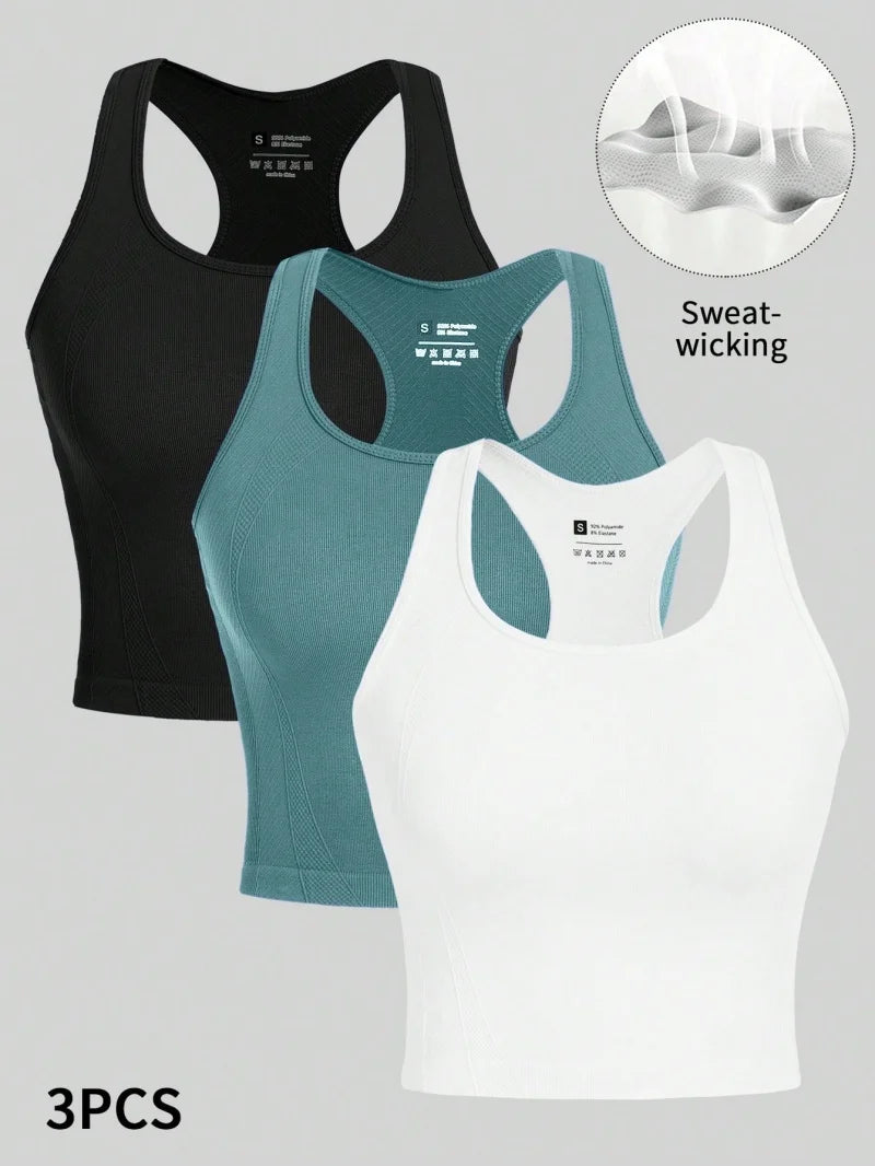 Women’s 3-Piece Yoga Racerback Crop Top Seamless Rib Knit Gym Tank Set