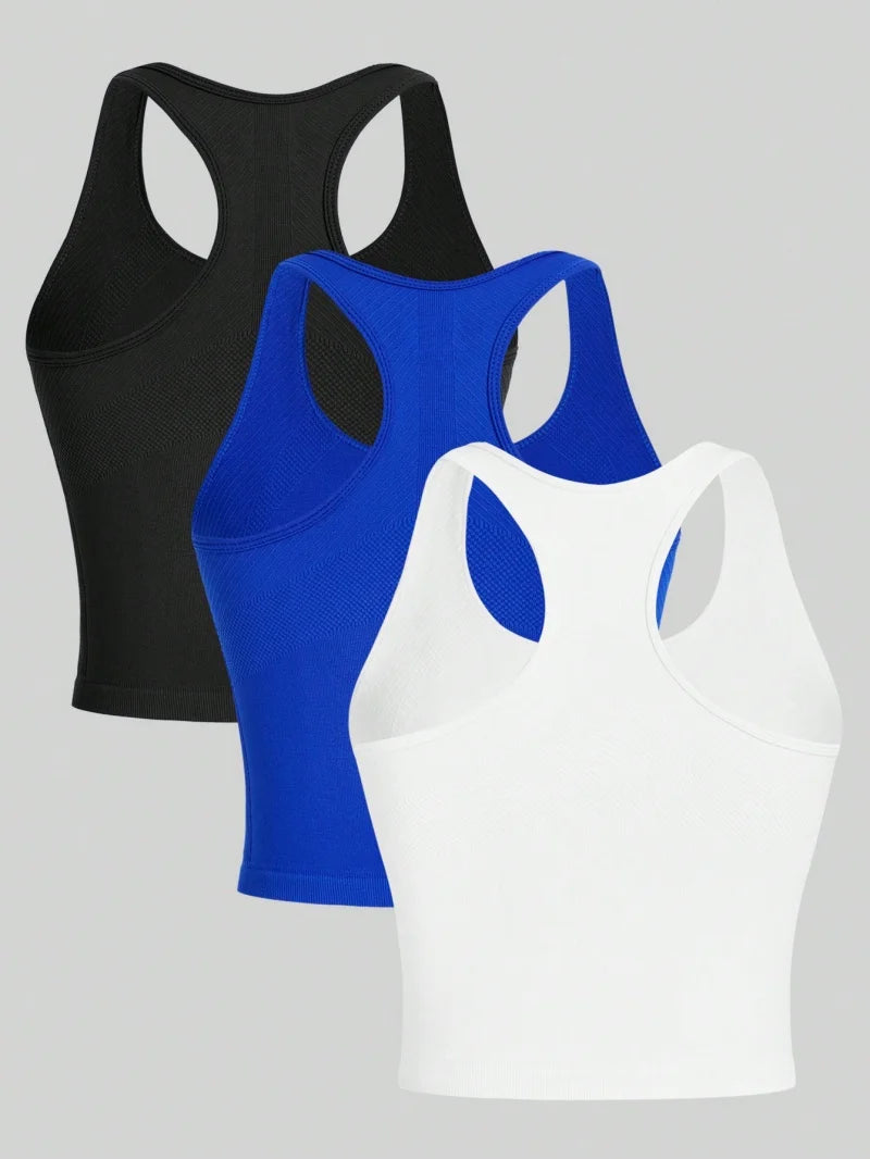 Women’s 3-Piece Yoga Racerback Crop Top Seamless Rib Knit Gym Tank Set